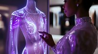 Young African American woman designer working with futuristic holographic dress projection in modern fashion studio, purple neon lighting creates innovative atmosphere.
