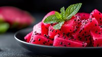 Fresh watermelon cubes garnished with mint leaves and black sesame seeds on dark plate, selective focus with blurred background. Healthy summer refreshment.