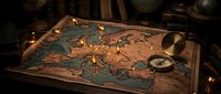Vintage world map with compass and candlelight creating atmospheric explorer scene for adventure and travel themed designs and educational materials.