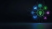 Digital innovation concept with glowing circuit board and business icons on dark background for technology presentations and corporate materials.