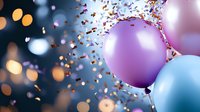 Festive party balloons in purple and blue with falling confetti against blurred bokeh lights background creating celebratory atmosphere.