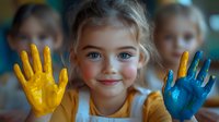 Young caucasian girl with bright blue eyes showing painted hands in yellow and blue colors, wearing yellow shirt, creative art education and childhood development concept.