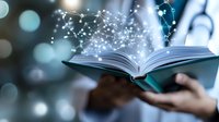 Open book with glowing magical constellation patterns and sparkles rising from pages against blurred background, creating mystical educational atmosphere.