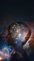 Human head silhouette with colorful brain gears and cosmic nebula background representing creativity, innovation and mental processes in space setting.