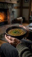Senior man holding warm lentil soup bowl by fireplace, cozy home interior with warm lighting, comfort food and winter wellness concept for lifestyle and food photography.