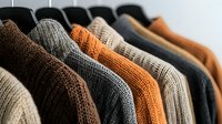 Cozy knitted sweaters in autumn colors hanging on rack, featuring warm brown, orange, beige and gray tones. Soft wool texture close-up view shows detailed knitwear pattern.