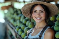 Young woman in straw hat smiling at farmers market with fresh green produce in background. Perfect for agriculture, local food, and healthy lifestyle content.