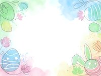 Watercolor Easter frame with pastel eggs, bunny ears and spring flowers on soft gradient background for holiday greeting cards and seasonal designs.