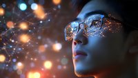 Young Asian man wearing futuristic glasses with glowing network reflections against dark background with bokeh lights and digital connections.