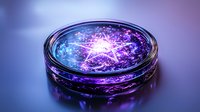 Glowing magical star in glass bowl with swirling purple and blue ethereal light effects against dark background, mystical cosmic energy concept.