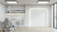 Modern dental office interior with professional equipment, chair and illuminated treatment area for healthcare design and medical facility concepts.