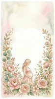 Pregnant woman in pink dress surrounded by blooming peonies, roses, and botanical elements with hearts on watercolor background. Isolated design for nursery decor, maternity cards, baby shower invitations.