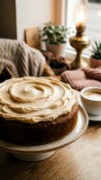 Chocolate cake with swirled frosting on plate in cozy home interior with coffee cup, potted plants, and warm lighting for bakery, food styling, and lifestyle content.