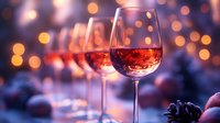 Elegant wine glasses filled with rose wine against blurred festive bokeh lights background, creating romantic holiday atmosphere for celebrations and events.