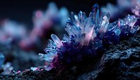 Glowing crystal formation with purple and blue hues emerging from dark rock surface, creating mystical geological display against black background.