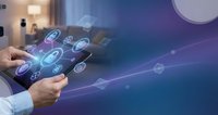 Businessman using digital tablet with cybersecurity icons and network connections in modern office environment for data protection and technology solutions.