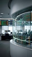 Modern stock exchange trading floor with curved glass displays showing real-time market data, financial charts and price movements in contemporary office.