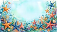 Watercolor underwater border frame with colorful starfish, coral, seaweed, and bubbles on a light blue background with copy space.