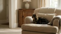 Tabby cat relaxing on beige armchair in cozy living room with warm natural lighting and wooden furniture creating peaceful home atmosphere.