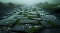 Atmospheric misty cobblestone path with moss growing between ancient stones, leading into foggy distance. Dark moody landscape in green tones creates mystical ambiance.