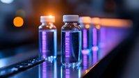 Glass vials with purple neon glow in dark laboratory setting, medical research concept with bokeh lights and reflective surfaces creating futuristic atmosphere.