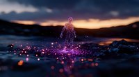 Glowing purple silhouette of person standing on water surface at sunset, with magical sparkles and light particles creating ethereal atmosphere against dramatic sky.