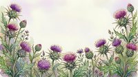 Watercolor thistle flowers border with purple blooms and green stems on soft background, copy space for text or greeting card design.