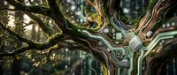 Digital tree with electronic circuit patterns merging nature and technology in futuristic forest environment for modern design concepts.
