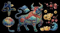 Colorful Chinese New Year ox clipart set with lantern, gold coins, cherry blossom, and decorative elements, isolated on transparent background, for T-shirts and print on demand.