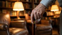 Senior man's hand gripping wooden cane in warm library setting with leather armchair and glowing lamps, representing aging, mobility assistance, and comfortable home environment.