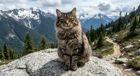 Fluffy tabby cat sitting on granite rock with snow-capped mountain peaks and evergreen forest landscape in background during outdoor hiking adventure.