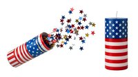 Patriotic confetti cannon with stars bursting out, isolated on white background. Perfect for Fourth of July celebrations, Independence Day designs, holiday graphics, and festive event marketing materials.