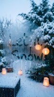 Let it Snow written on a foggy winter window with glowing candles and snow-covered trees outside, evoking cozy holiday atmosphere.