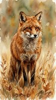 Red fox portrait in autumn watercolor style with warm earth tones and natural grass setting for wildlife art and nature decoration projects.