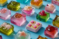 Colorful handmade soap cubes with decorative toppings arranged on turquoise background. Artisan bath products for spa, skincare and wellness concepts.