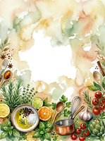 Watercolor cooking frame with fresh herbs, citrus fruits, vegetables, and kitchen utensils arranged on white background. Isolated design element for culinary blogs, recipe cards, and food-related projects.