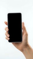 Hand holding modern smartphone with blank black screen isolated on white background for mobile app mockup and digital presentation.