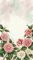 Watercolor camellia flowers in pink, red, and white with green leaves on soft pastel background, copy space for cards and invitations.