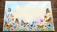 Watercolor spring garden border with colorful butterflies and wildflowers on white background, isolated design element for greeting cards and invitations.