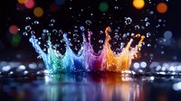 Colorful water splash crown with rainbow droplets against dark background with bokeh lights creating dynamic motion and vibrant reflections on surface.