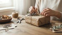 Woman wrapping eco-friendly gift with kraft paper and natural twine at wooden table with dried flowers and scissors for sustainable holiday packaging.