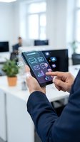 Businessman using tablet with digital communication icons in modern office workspace for business technology and connectivity solutions.