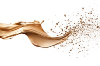 Liquid bronze metallic splash with scattered droplets flowing in dynamic wave motion against white background, isolated design element for luxury products.