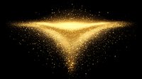 Golden glowing triangle shape formed by sparkling particles and dust on black background, magical light effect for festive designs and celebrations.