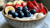Fresh mixed berries and sliced banana in ceramic bowl with creamy yogurt. Healthy breakfast combining sweet strawberries, blueberries and tropical fruit.
