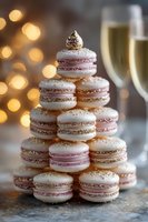 Festive macaron tower with gold glitter and pink filling arranged in Christmas tree shape against blurred champagne glass and bokeh lights background.