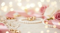 Elegant pink roses with pearl jewelry and golden accessories on soft bokeh background for romantic wedding or luxury fashion styling projects.