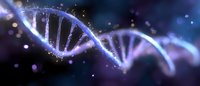 Glowing DNA strand with purple and blue illumination floating in dark space surrounded by sparkling particles and bokeh effects. Scientific genetic concept.