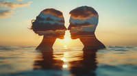 Double exposure silhouette of romantic couple against ocean sunset, blending profiles with dramatic sky and calm sea waters, creating dreamy atmosphere.