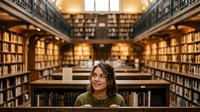 Young woman with long dark wavy hair and olive complexion, wearing olive green sweater, sitting in historic library surrounded by wooden bookshelves and warm lighting, suitable for education and knowledge concepts.